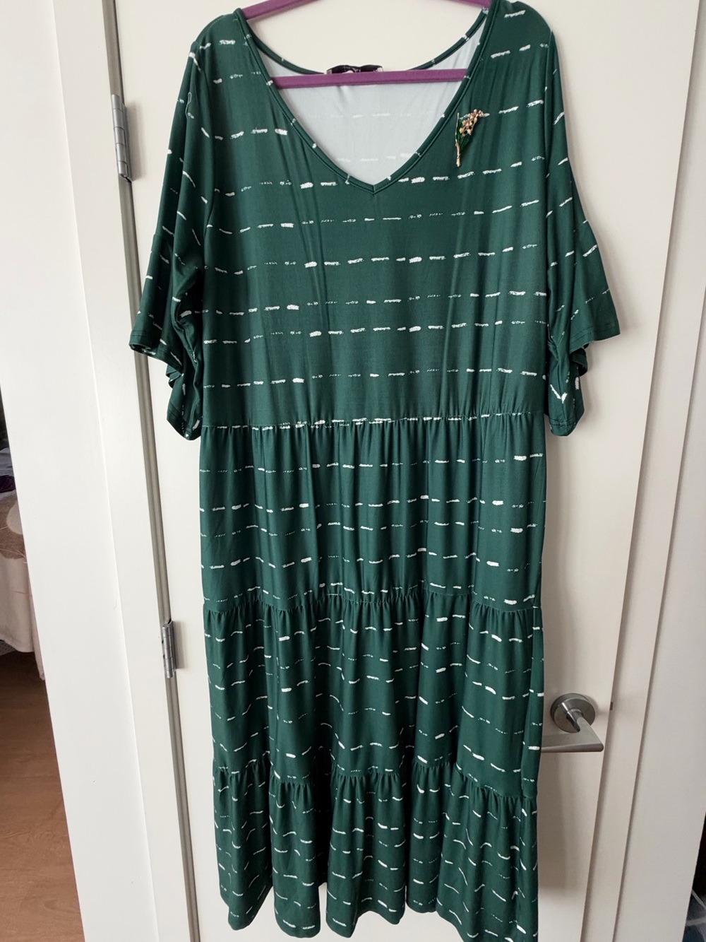 Sakura Forest Green Tiered V-Neck Maxi Dress with White Stripe